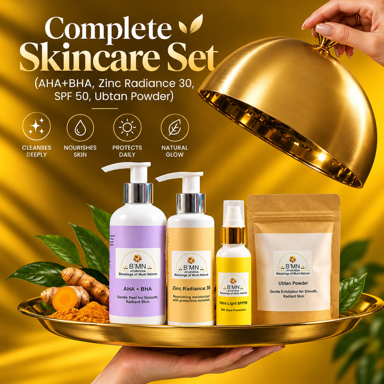 BMN Ayurveda Skincare Kit featuring AHA+BHA Face Serum, Zinc Radiance 30, SPF 50 Sunscreen and Ubtan Powder